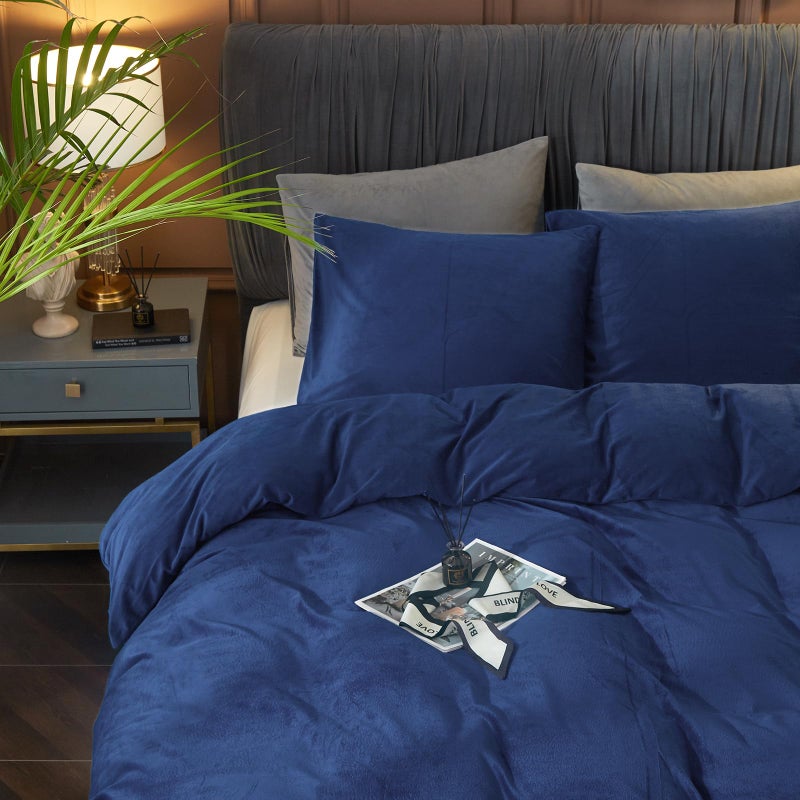 Ivellow Velvet Duvet Cover Queen Size 3 Pcs Flannel Navy Blue Duvet Cover Queen Velvet Comforter Cover Bedding Set Ultra Soft Cozy Solid Luxury Velour Duvet Cover Set Zipper Closure Corner Ties - Image 3